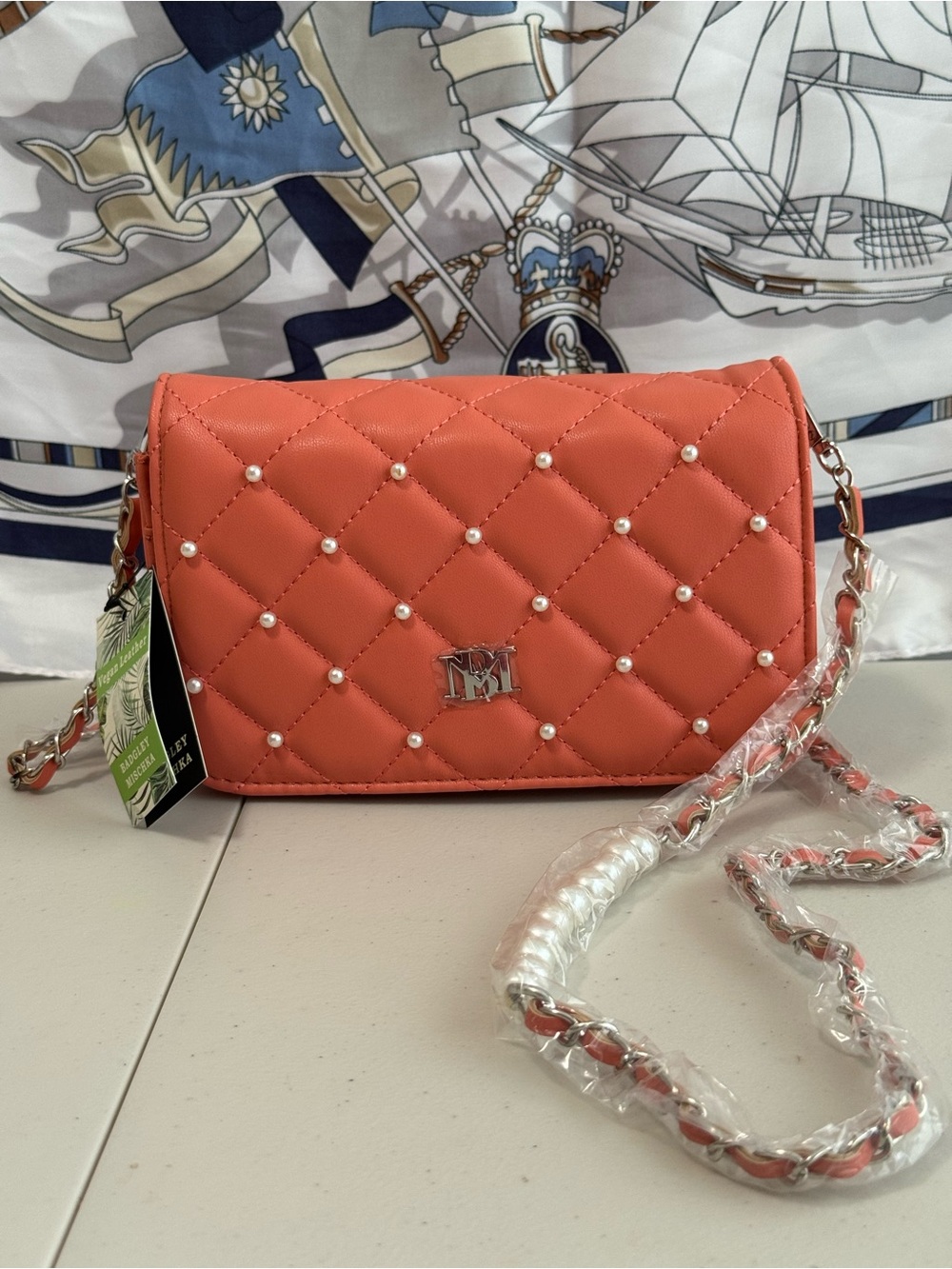 Badgley Mischka Quilted Coral Crossbody Bag with Pearl Accents NWT